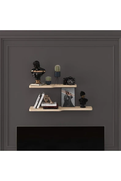 Doğal Modern Organizer Düzenleyici 2'li Kıvrımlı Dekoratif Kitaplık Banyo Mutfak Duvar Rafı  Meşe ürün görseli