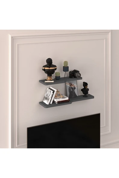 Doğal Modern Organizer Düzenleyici 2'li Kıvrımlı Dekoratif Kitaplık Banyo Mutfak Duvar Rafı  Antrasit - Resim 2