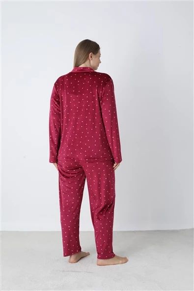 Battal Estiva Puantiyeli Önden Düğmeli Kadife Bayan Pijama Takım - 6