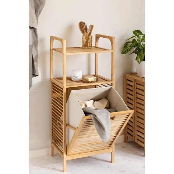 Periboia 2 Organizer Raflı Ahşap Bambu Çek-Aç Kirli Sepeti ürün görseli