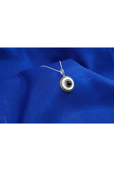 925 Ayar Gümüş Oltu Taşı Yuvarlak Kolye sk0006 ürün görseli 1
