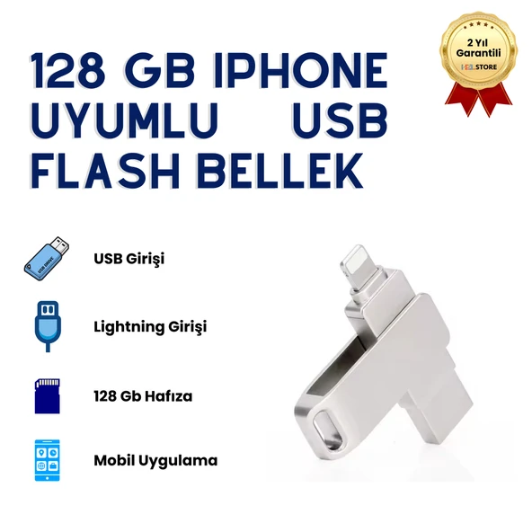 128GB iPhone Uyumlu USB Flash Bellek OTG Lightning ve USB Girişli Yedekleme ve Taşıma ürün görseli 1