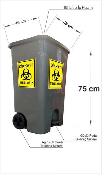 Büyük 85Lt Tekerlekli Saplı Hastane Klinik Revir Tıbbi Atık Sızdırmaz Kırılmaz Çöp Kovası Arabası - 5