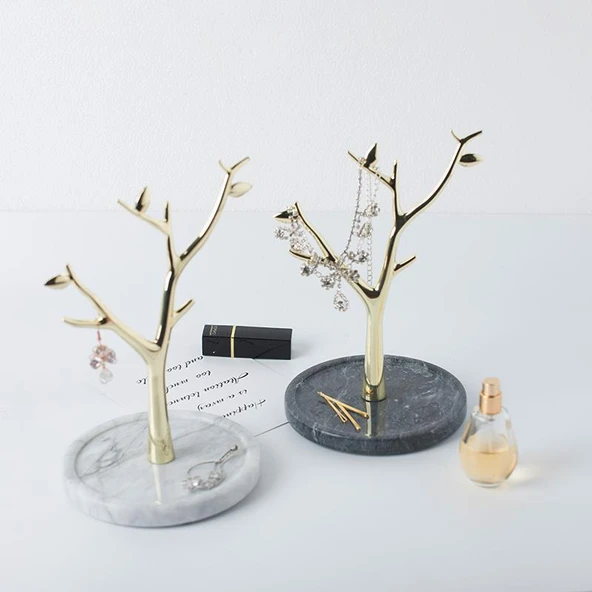 Gerçek Mermer Tabanlı Ağaç Motifinde Dekoratif Takı, Küpe, Kolye, Bilezik Askılığı - 4