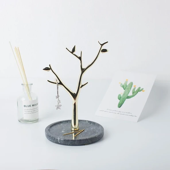 Gerçek Mermer Tabanlı Ağaç Motifinde Dekoratif Takı, Küpe, Kolye, Bilezik Askılığı - 6