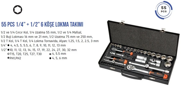 Retta 1/2"-1/4" Lokma Takımı 6 Köşe 55 Parça - 2
