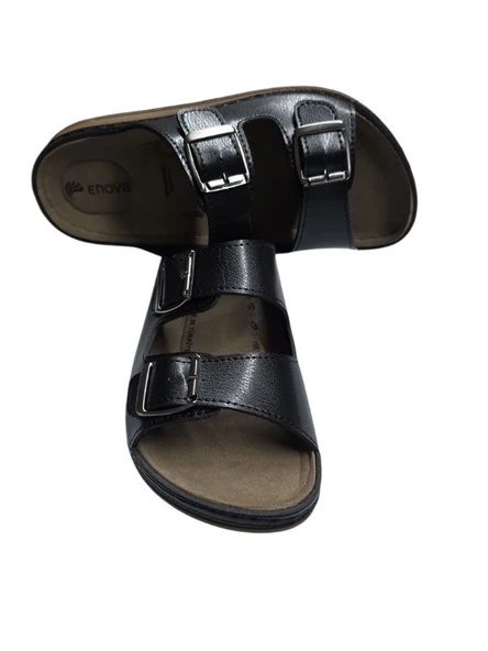 Enova Çift Tokalı Ortopedik Günlük Yumuşak Suni Deri Ev Dışarı Terliği - Resim 3