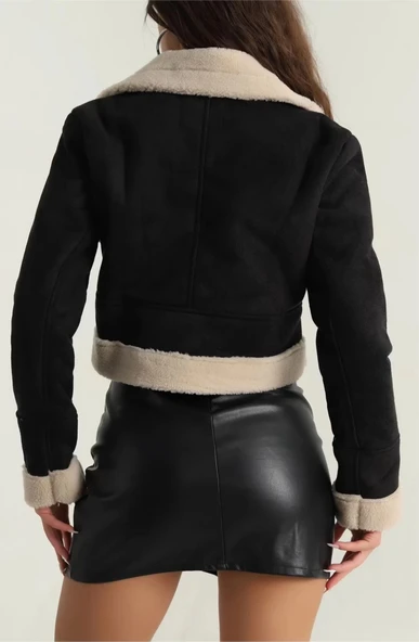 BİÇOMİ İçi kürklü dışı süet kısa kaban siyah t1186 - Resim 2