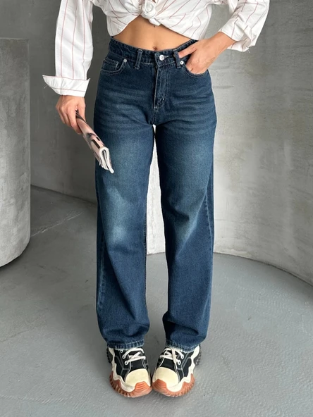 BİÇOMİ Palazzo bıyık enzim yıkama jeans pantolon koyu mavi d2008 ürün görseli