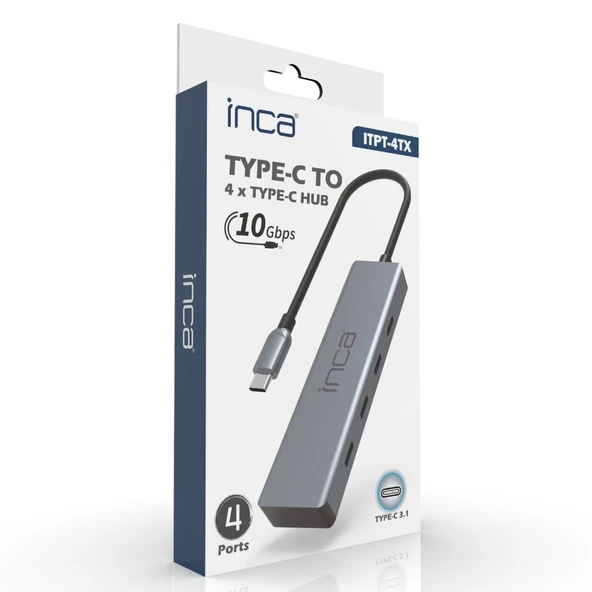 INCA ITPT-4T TYPE-C HUB X4 TYPE-C PORT 3.1 10GBPS ALUMINYUM KASA ÇOKLAYICI - Resim 2