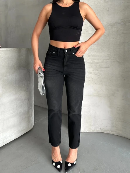 BİÇOMİ Mom fit enzim bıyıklı taş yıkama jeans pantolon siyah d2006 - 5