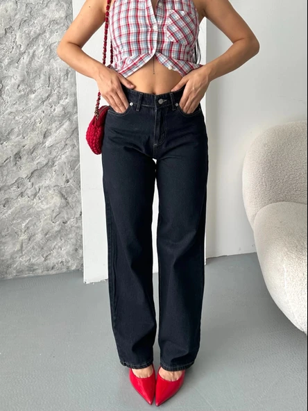 BİÇOMİ Palazzo süper taş enzim tint yıkama koyu lacivert jeans pantolon d2008 ürün görseli