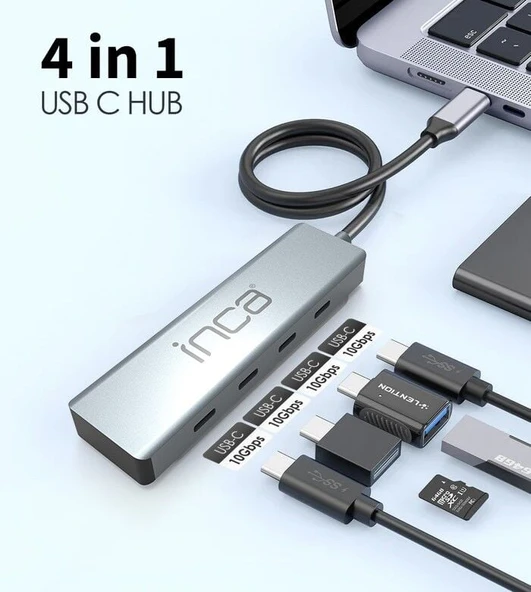 INCA ITPT-4T TYPE-C HUB X4 TYPE-C PORT 3.1 10GBPS ALUMINYUM KASA ÇOKLAYICI - Resim 3