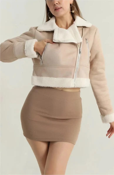 BİÇOMİ İçi kürklü dışı süet kısa kaban bej t1186 ürün görseli