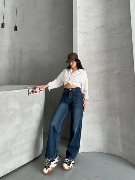 BİÇOMİ Palazzo bıyık enzim yıkama jeans pantolon koyu mavi d2008 - Resim 2