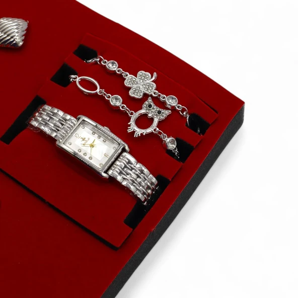 S Polo Kadın Saat Bileklik Kolye ve Küpe Hediyeli Kombin Set Kutu Gümüş Renk