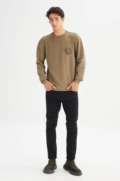 Erkek Baskılı Sweatshirt Khaki Khaki L - Resim 3