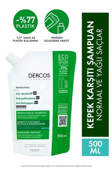 Vichy Dercos Anti-dandruff Kepek Karşıtı Şampuan, Normal & Yağlı Saçlar, Yeniden Dolum Paketi 500 Ml ürün görseli