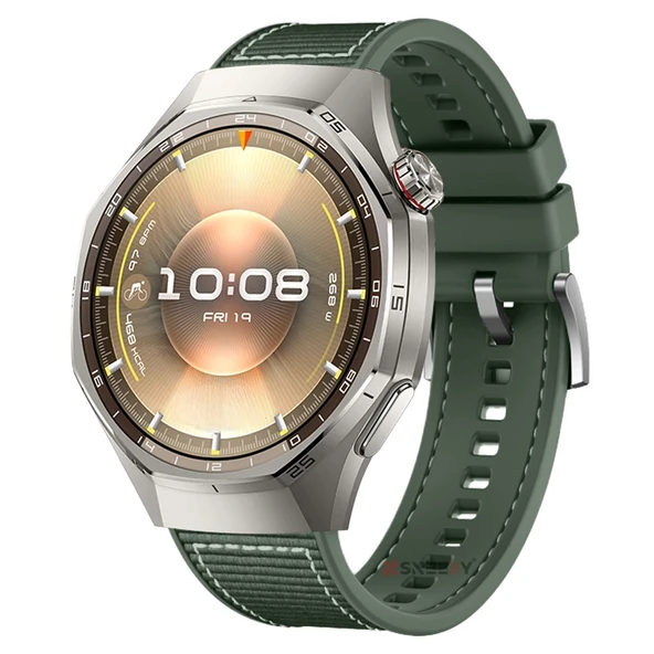 Sneezy Huawei Watch GT6 Pro 46mm İle Uyumlu Metal Tokalı Dikiş Desenli Dokuma Silikon Kordon  Haki ürün görseli