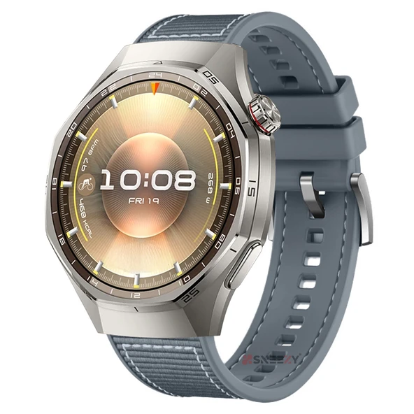 Sneezy Huawei Watch GT6 Pro 46mm İle Uyumlu Metal Tokalı Dikiş Desenli Dokuma Silikon Kordon  Gri ürün görseli