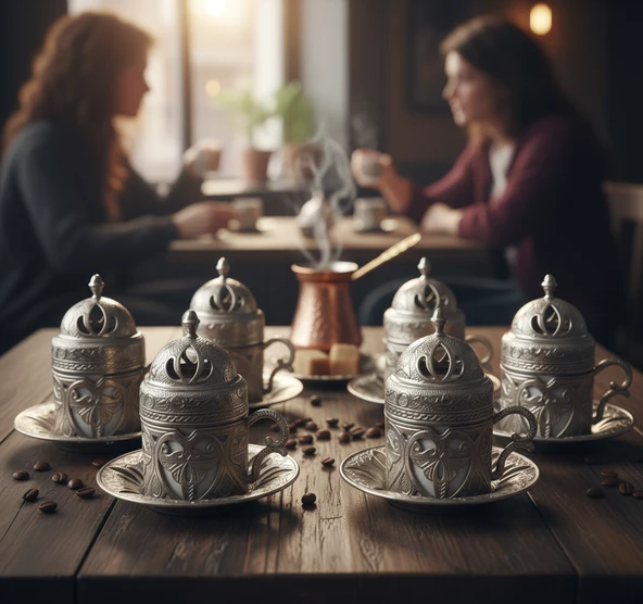 Defne 6 Kişilik 24 Parça Metal Porselenli Gümüş Renk Kahve Fincan Seti