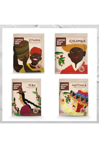 Coffee Bean Box Altıntelve Efsane Pratik Filtre Kahve Seti Etiyopya, Guatemala, Peru, Colombia 10 gr