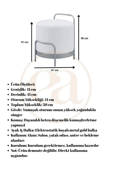 OLA PUF, METAL HALKALI PUF, MAKYAJ OTURAĞI ,PUF BENCH MONTAJSIZ OTURAK GOLD METAL AYAKLI - 4