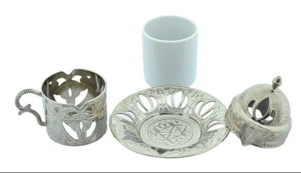 Defne 6 Kişilik 24 Parça Metal Porselenli Gümüş Renk Kahve Fincan Seti - 5