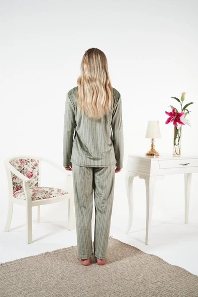 Estiva Çizgili Önden Düğmeli Kadife Bayan Pijama Takım - 7