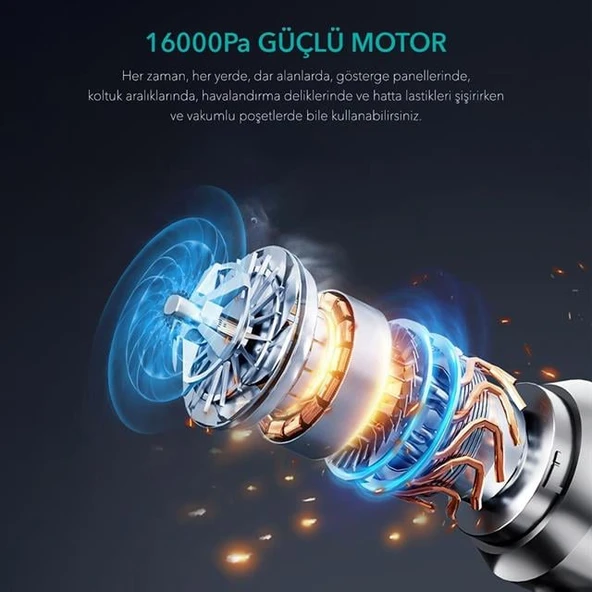 Shibumi Tornada 100 Watt 6000Mah 16000Pa Çekiş Gücü 8 Adet Başlıklı Şarjlı Güçlü Üfleme Araç İçi Süpürge - Resim 3