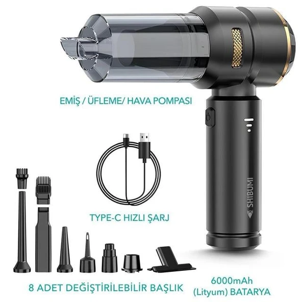 Shibumi Tornada 100 Watt 6000Mah 16000Pa Çekiş Gücü 8 Adet Başlıklı Şarjlı Güçlü Üfleme Araç İçi Süpürge - Resim 4