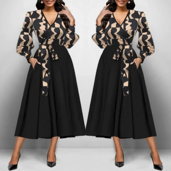 Kadın Uzun Kollu Kruvaze Yaka Dalgıç Krep Midi Boy Elbise - Resim 3