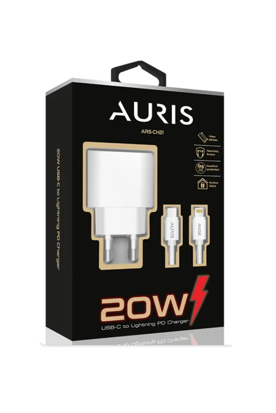 Auris 20 Watt USB C Şarj Başlığı + USB C to Lightning Kablolu Şarj Cihazı Seti İphone 10 11 12 13 Uyumlu ürün görseli