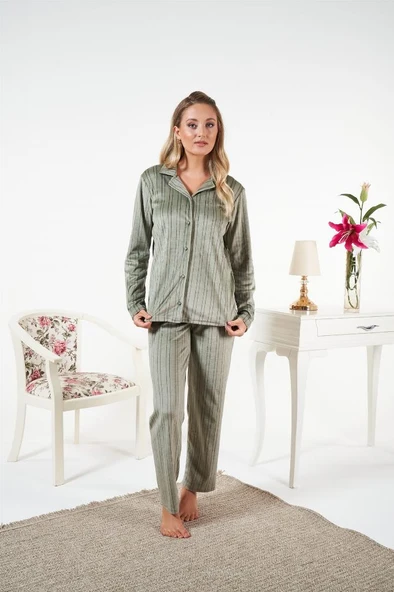 Estiva Çizgili Önden Düğmeli Kadife Bayan Pijama Takım - 5