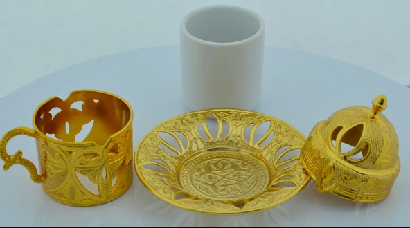 Defne 6 Kişilik 24 Parça Metal Porselenli Altın Renk Kahve Fincan Seti - 6