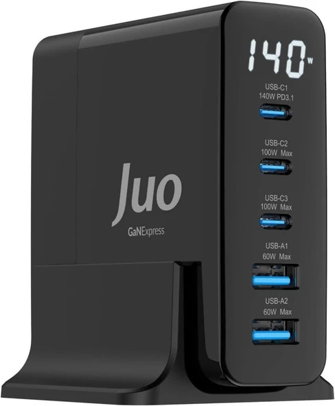 Juo 140W GaN PD 3.1 Masaüstü Hızlı Şarj Cihazı 3 Type-C + 2 USB-A iPhone & MacBook & Laptop Uyumlu Şarj Aleti Teşhir