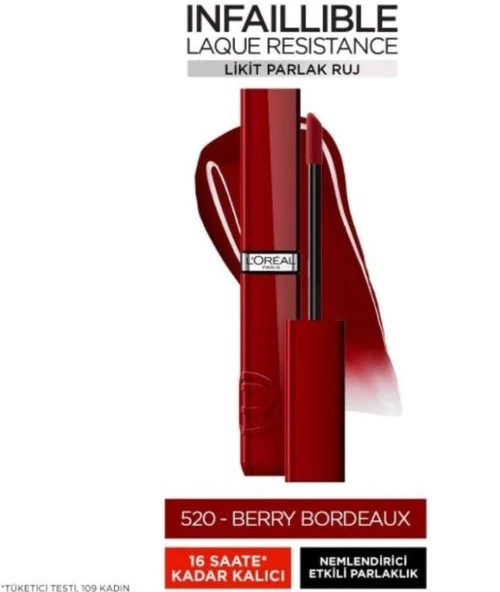 L'Oreal Paris Infaillible Laque Resistance Likit Parlak Ruj - 520 Berry Bordeaux