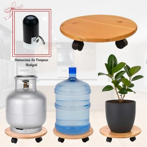 Yuvarlak Ahşap Damacana Saksı Altlığı Tüp Saksı Sehpası Otomatik Damacana Su Pompası Hediyeli