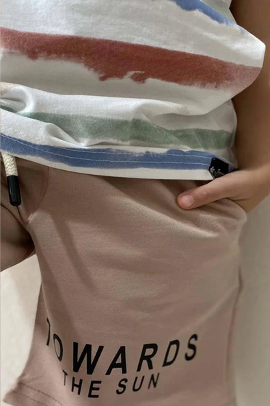 Erkek Çocuk TOWARDS Yazı Baskılı Bej Şortlu Takım - Resim 4