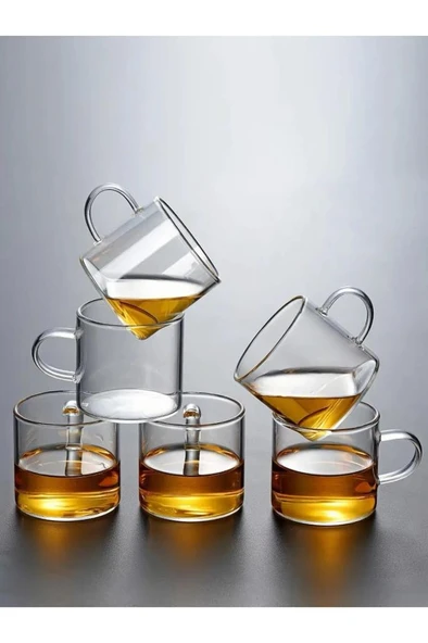 Cam Bardak Kupa Seti 125ml Isıya Ateşe Dayanıklı Çay Kahve Espresso Bardağı Kulplu Fincan 6 Adet - 2
