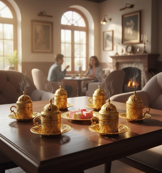 Defne 6 Kişilik 24 Parça Metal Porselenli Altın Renk Kahve Fincan Seti