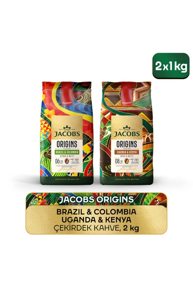 Jacobs Origins Brazil & Colombia + Uganda & Kenya Çekirdek Kahve 1 Kg 2'li Paket - 1