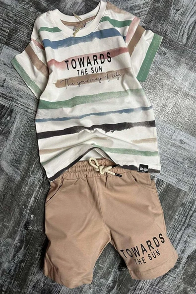 Erkek Çocuk TOWARDS Yazı Baskılı Bej Şortlu Takım - Resim 2