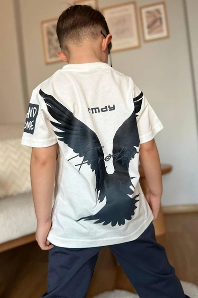 Erkek Çocuk Önü Fredoom Yazı Baskı Arkası Kartal Figürlü T-Shirt Siyah Eşofman Takım - Resim 2