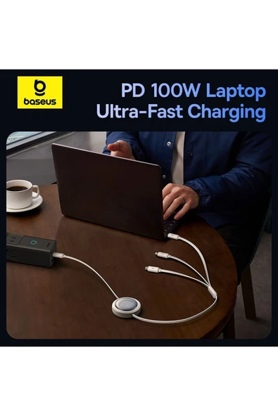 Baseus Free2Draw Makaralı Type-C To Type-C/Micro USB/Lighting 100W Kablo 1.1 mt Beyaz - Resim 3