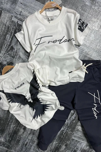 Erkek Çocuk Önü Fredoom Yazı Baskı Arkası Kartal Figürlü T-Shirt Siyah Eşofman Takım - Resim 4