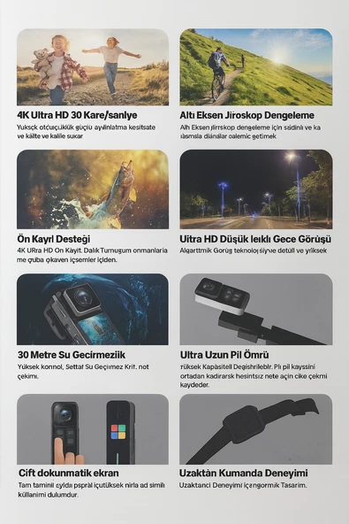 SAW1 Pro 4K Aksiyon Kamerası  Wi-Fi Bağlantı Dokunmatik LCD 6 Eksenli Jiroskoplu Dengeleme - 9