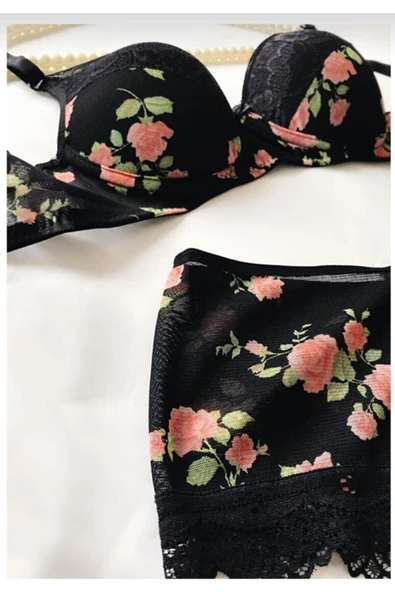 Miss Perry Kadın Dolgulu Destekli Pembe Çiçek Desenli Siyah Boxer Tip Iç Çamaşır Takımı - Resim 2
