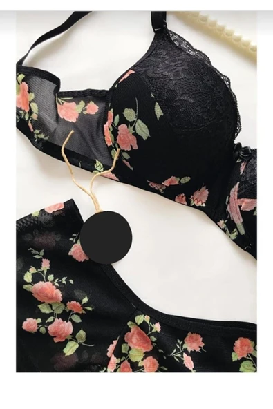 Miss Perry Kadın Dolgulu Destekli Pembe Çiçek Desenli Siyah Boxer Tip Iç Çamaşır Takımı - Resim 3