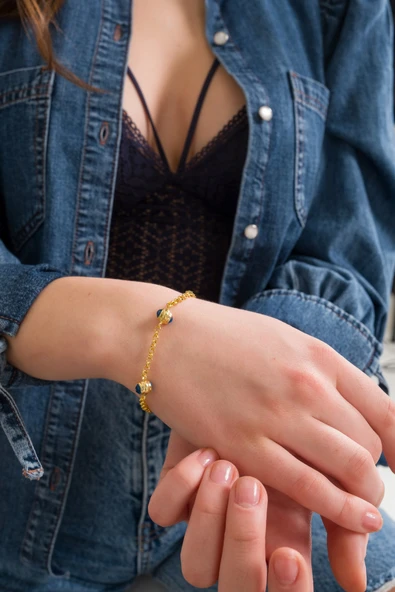 ANDA 925 Ayar Gümüş 14 Ayar Altın Kaplama Cam Göz Bileklik Nazar Bileklik - Resim 2